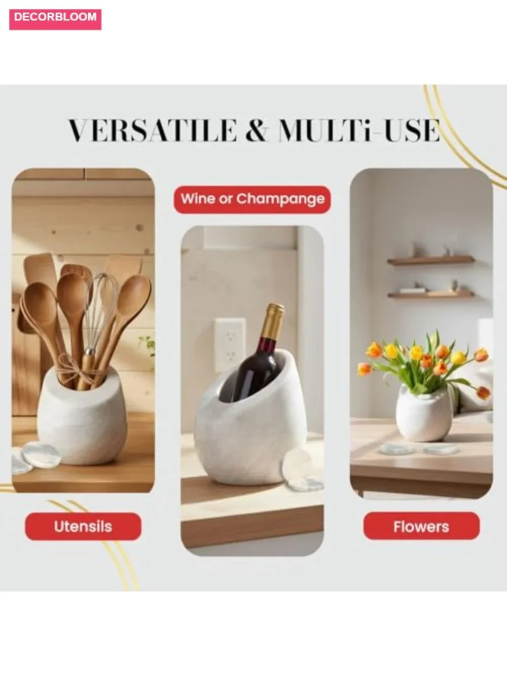 Marble Wine Chiller Bucket Set with 2 Coasters - 750ml Bottle Cooler for Party,